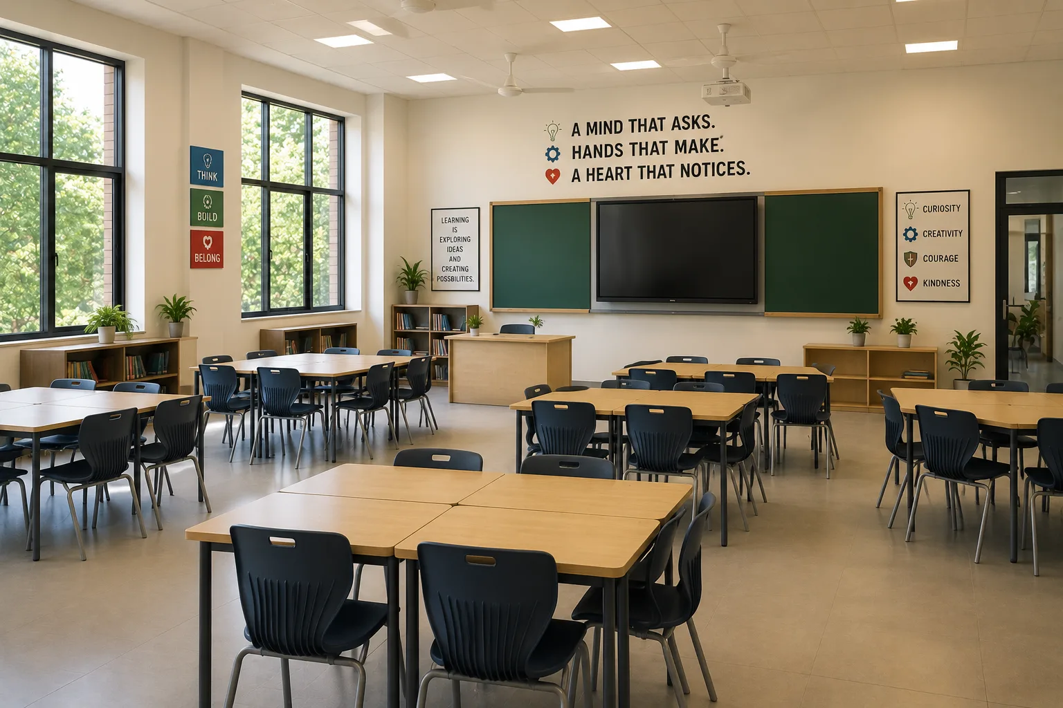 A bright classroom with Think, Build, Belong on the wall