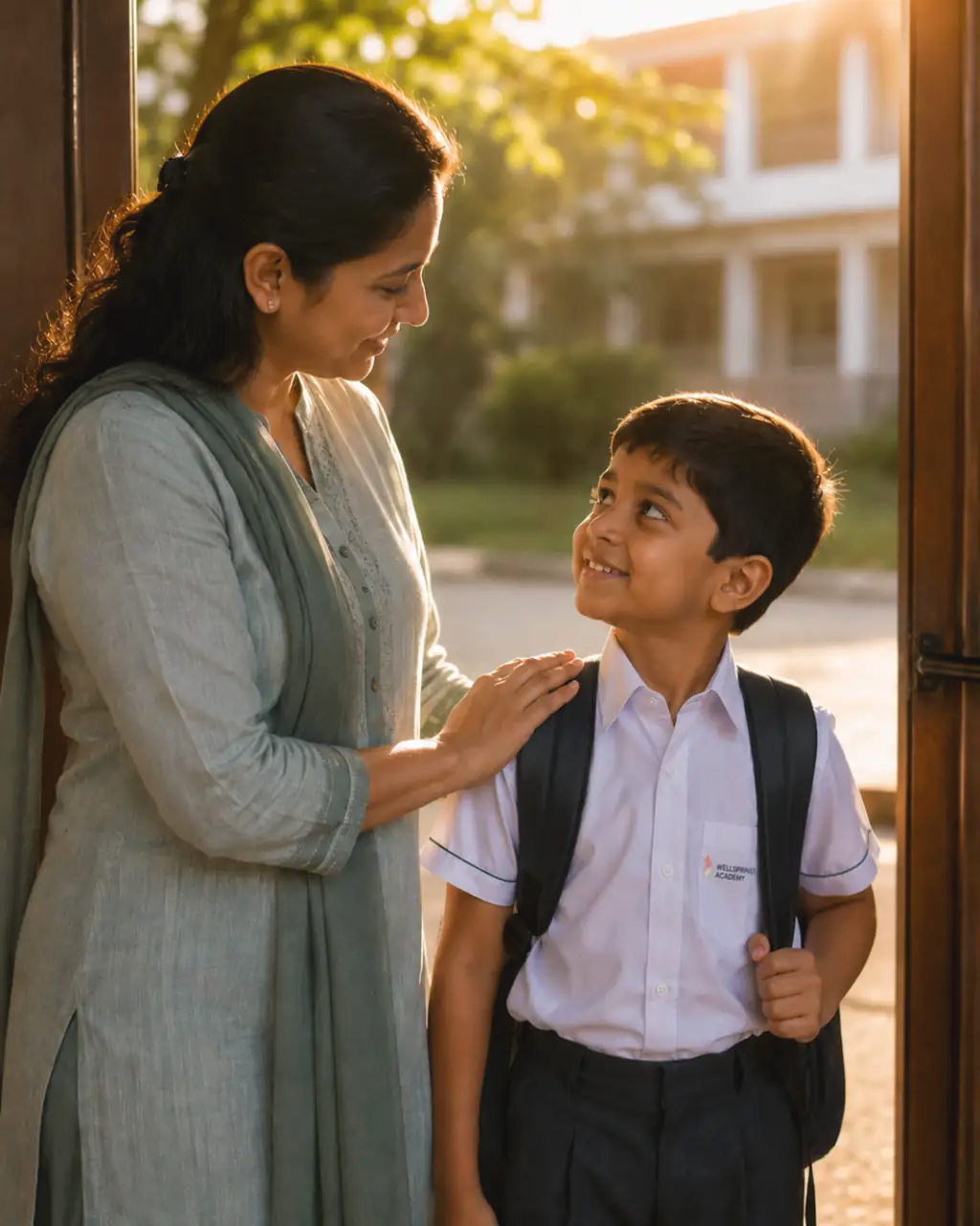 A teacher's hand on a young student's shoulder at a Wellsprings doorway