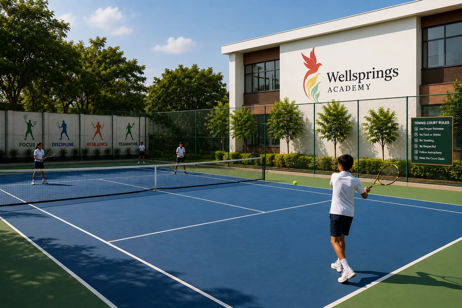 Children playing tennis on the school court