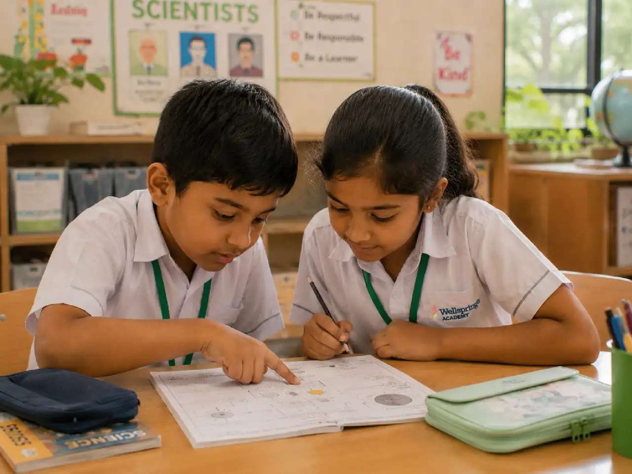 Two primary students working together over a science worksheet