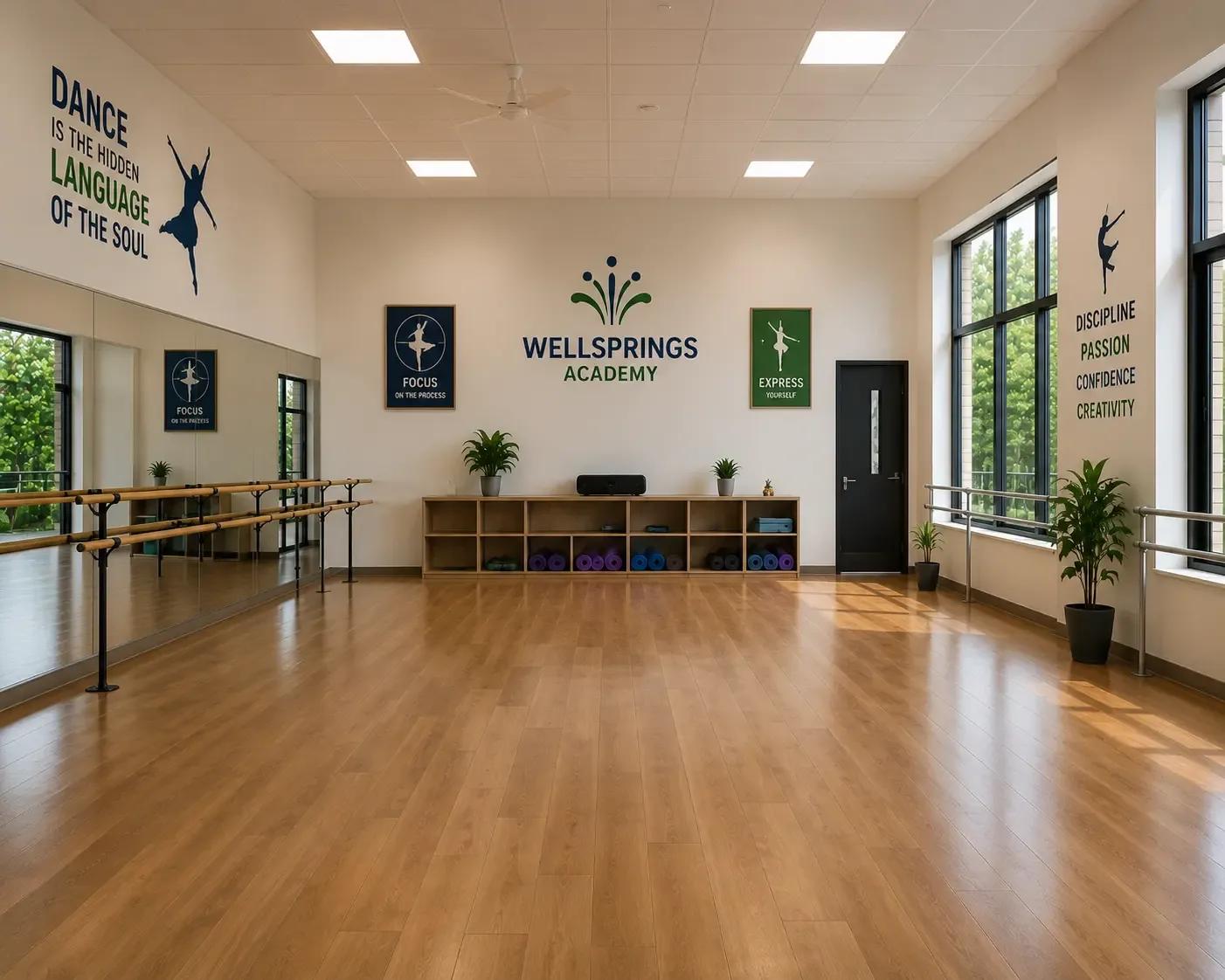 The dance studio with mirrors and a sprung floor
