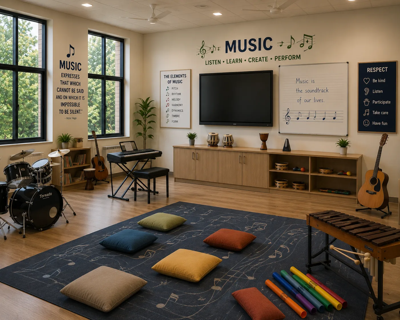 The music room with keyboard, drums and percussion