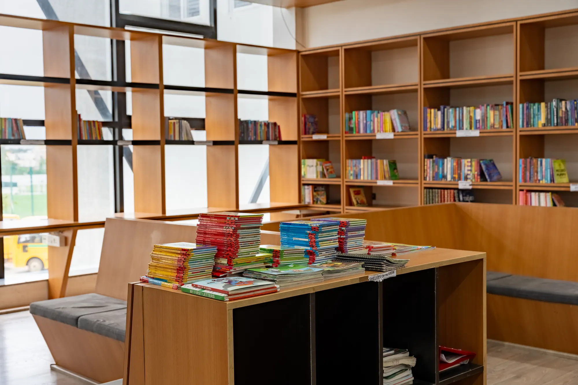 The school library with shelves of books