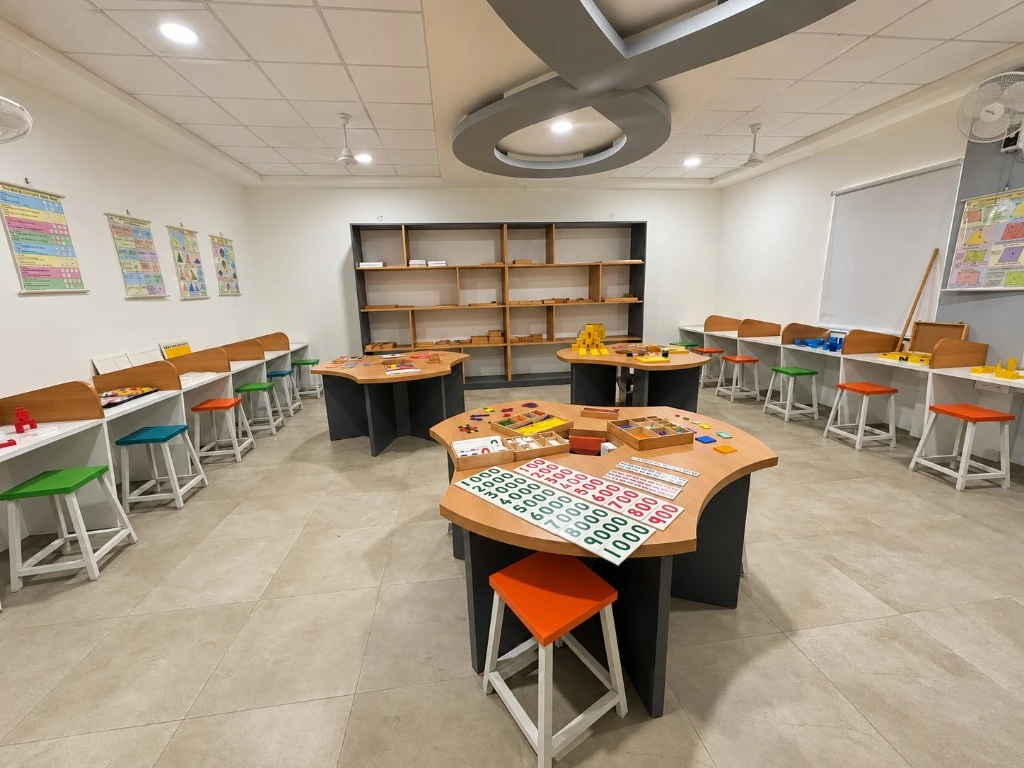 The mathematics lab with number cards, coloured stools and shelves of materials