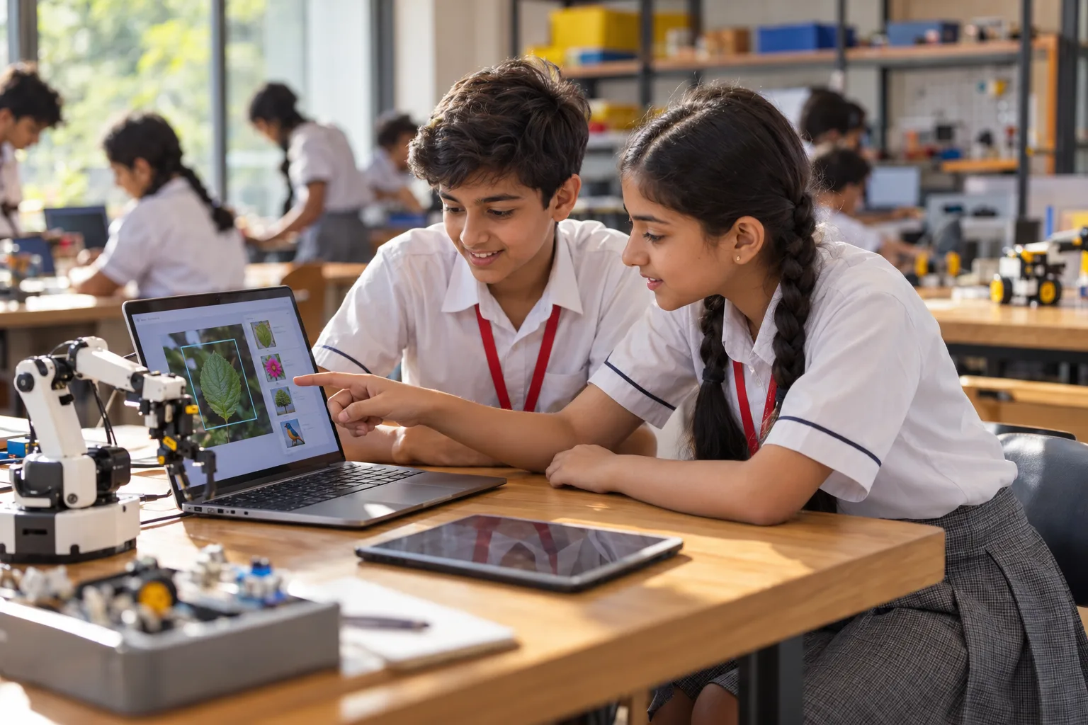 Two Wellsprings students looking at plant photos on a laptop beside a small robot